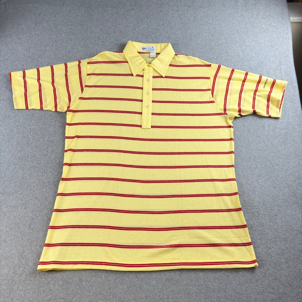 Vintage 80s Pickering XL Yellow Red Striped Golf Polo Made USA Lisle Cotton
